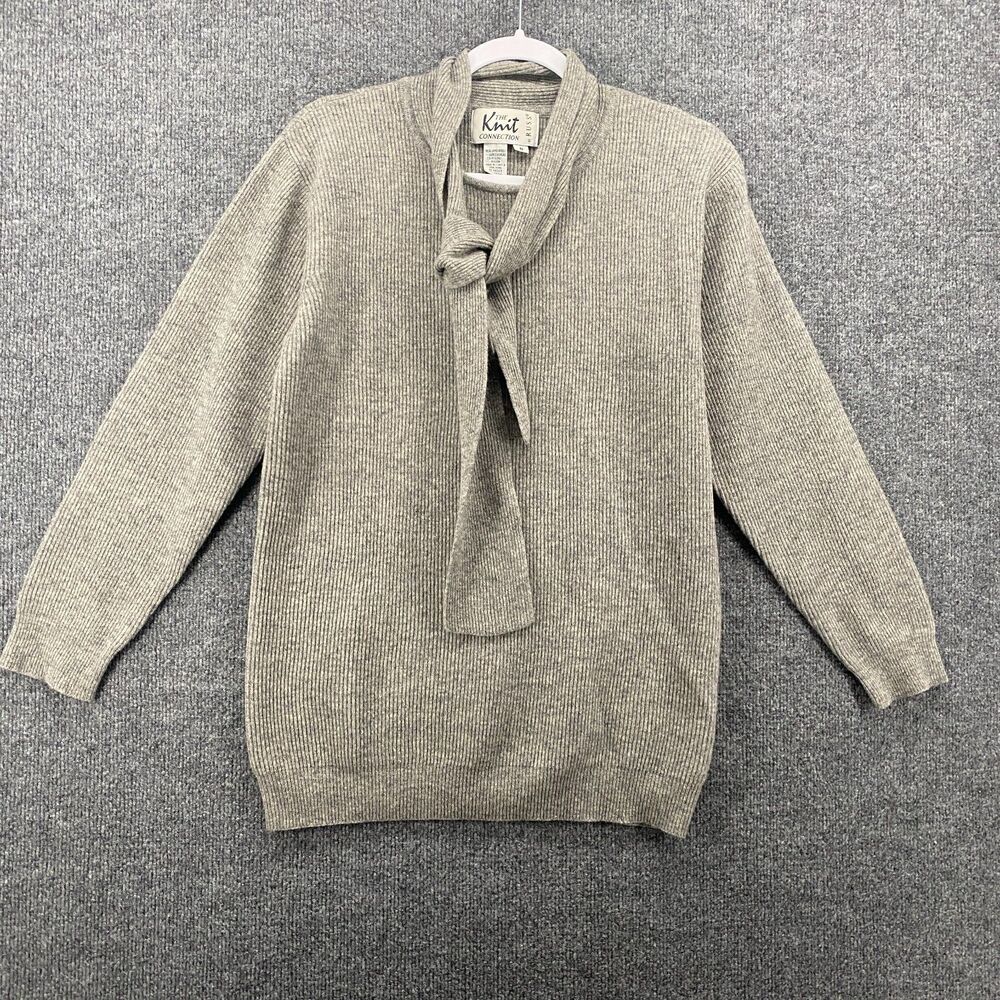 Vintage Russ Lambswool Sweater Womens S Gray Neck Tie Pullover Preppy Old Money